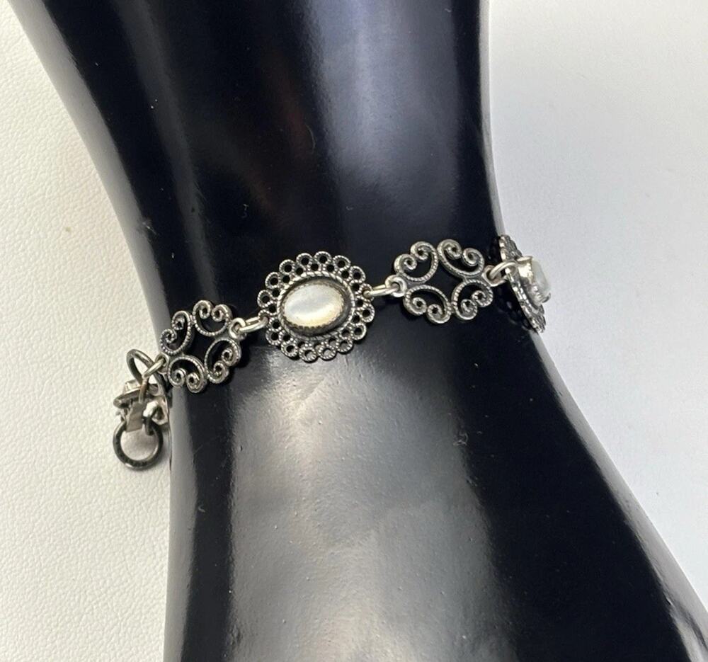 Vtg. BEAU Sterling Silver Moonstone Filigree Link Bracelet 7.50" -8.29 GRAMS